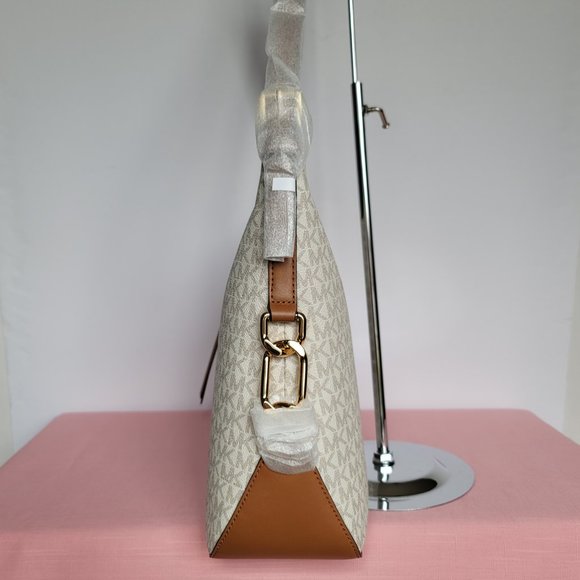 MICHAEL KORS Laney Hobo Signature Logo Shoulder Bag- Vanilla/Acorn Color⭐ - Picture 11 of 16